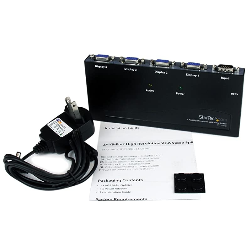 com 4-Port VGA Video Splitter - 300 MHz- VGA Splitter - 4 port - 2048x1536 @ 80Hz (ST124PRO) Black