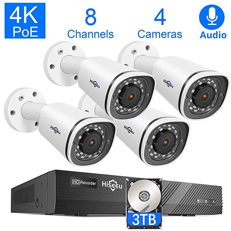 4K PoE Security Camera System, 8CH 8MP Home Surveillance NVR System with 3TB HDD, 4Pcs 4K IP Wired Camera with Night Vision for Indoor Outdoor Security, 30 Days Video/Audio Loops Recording
