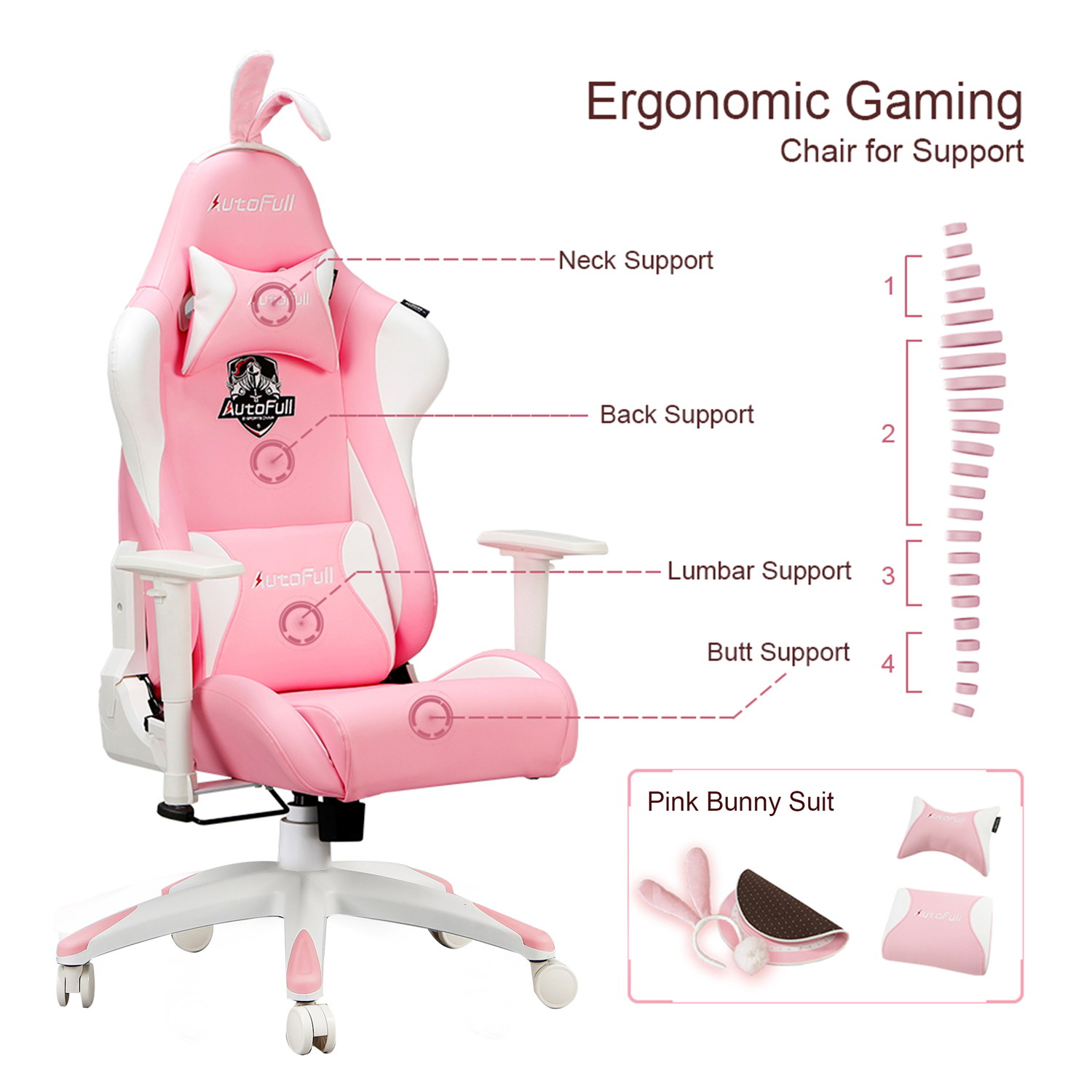 AutoFull Pink Gaming Chair Desk Chair Office Chair PU Leather High Back Ergonomic Racing Office Desk Computer Chairs with Lumbar Support, Rabbit Ears