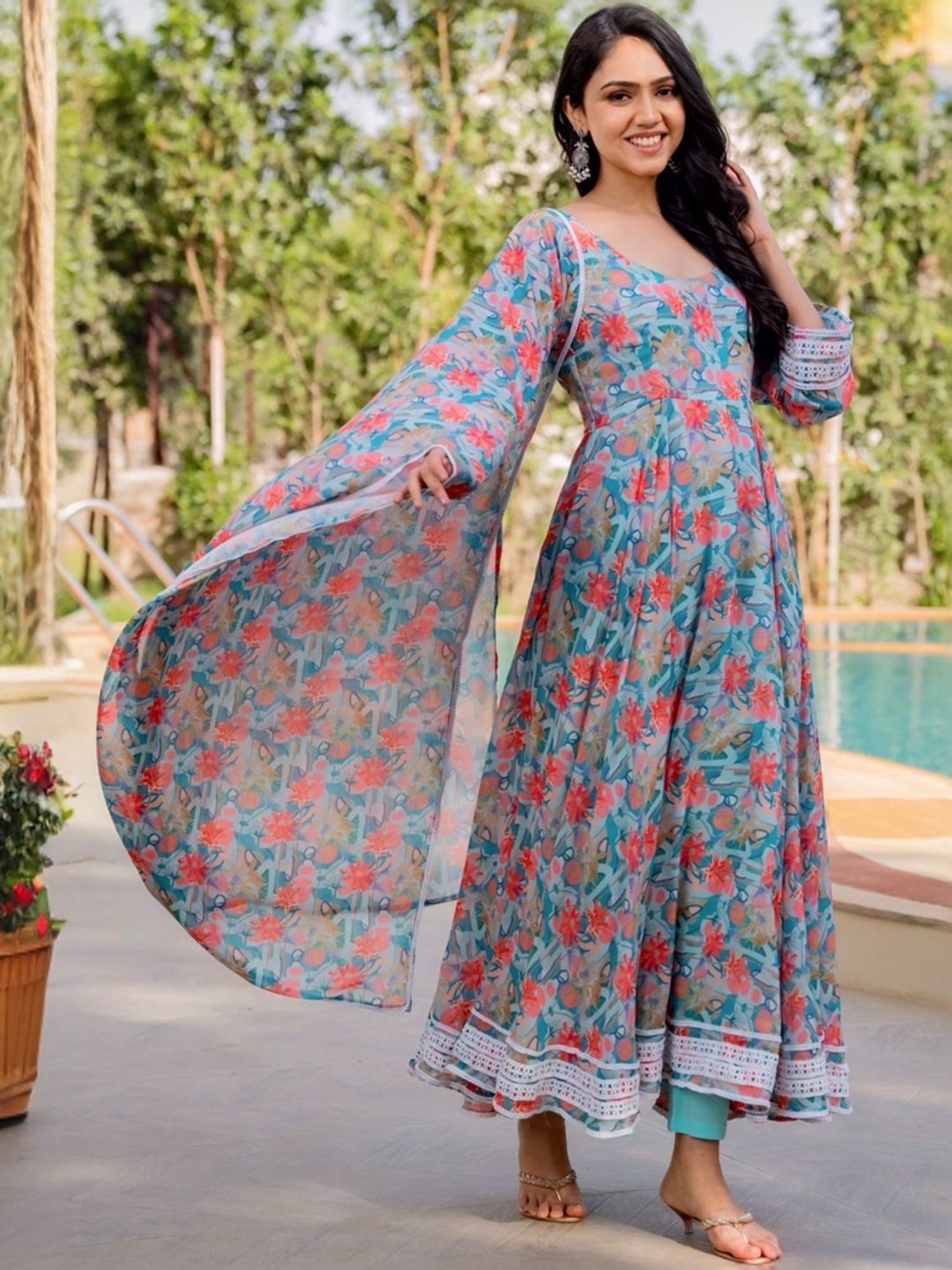 HOUSE OF JAMOTI Blue Printed Anarkali Kurta With Dupatta