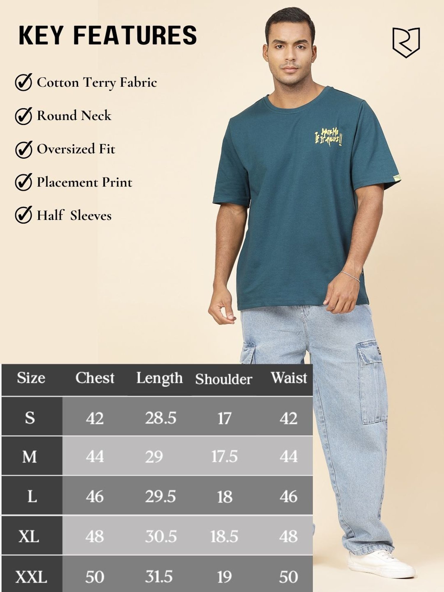 Rigo Teal Cotton Loose Fit Typography T-Shirt