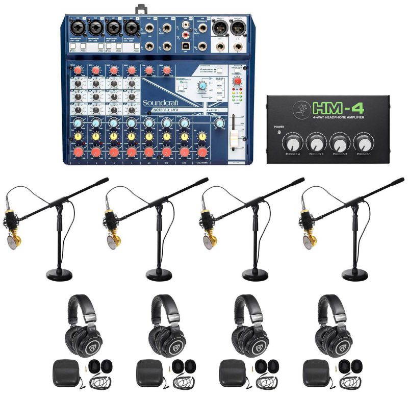 Soundcraft 4-Person Podcast Podcasting Recording Kit Mics+Headphones+Boom Stands