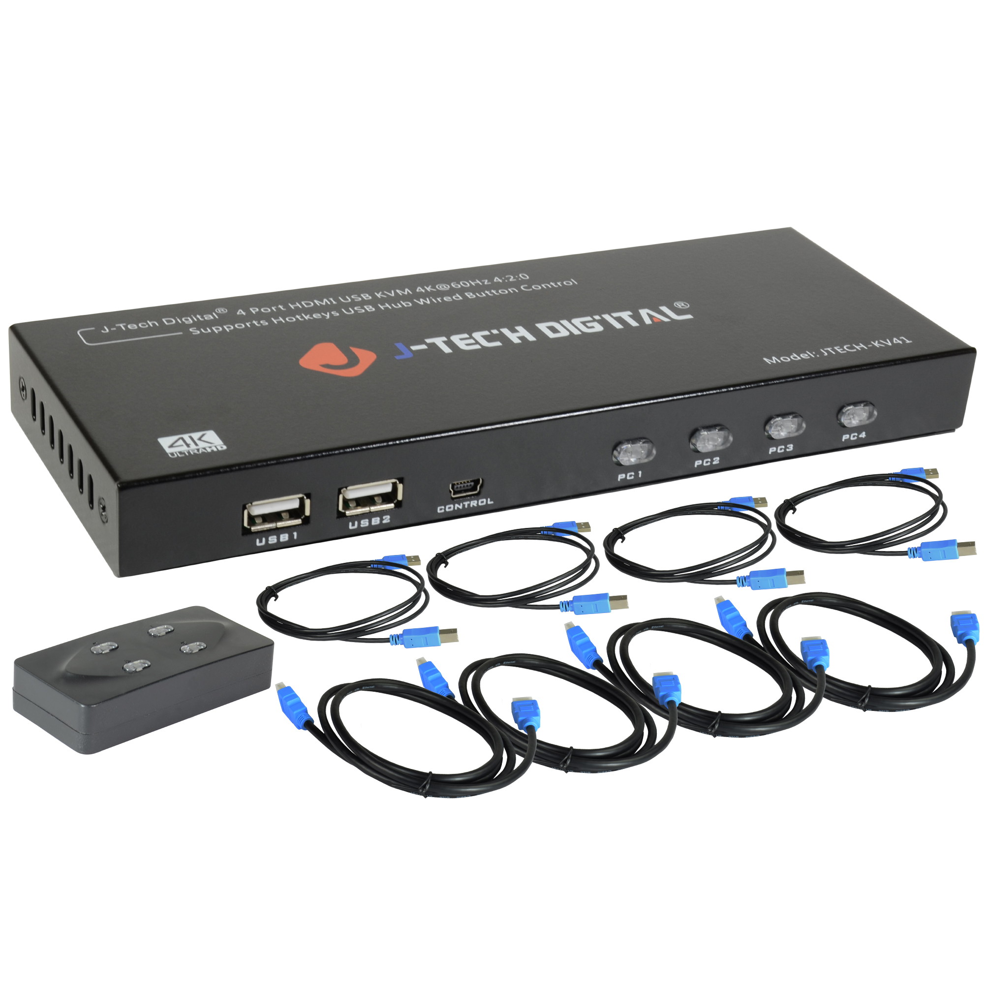 J-Tech Digital JTECH-KV41 4-Port HDMI USB KHDMI KVM Switch 4 Ports 4K@60Hz 4:2:0 HDMI and USB Cables Support Quick Switch USB 2.0 Hub HotKey Push Button Wired Desktop Controller Auto Scan