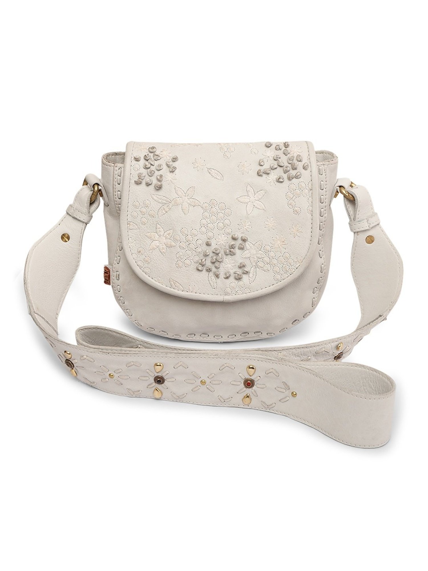 Art N Vintage Floral Bliss White Leather Embroidered Small Sling Handbag
