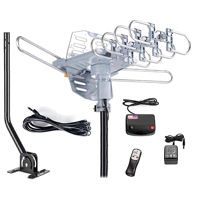 Outdoor 150 Miles Digital Antenna 360 Degree Rotation Amplified HDTV Antenna Support 2 TVsUHFVHF1080P4K Infrared Remote 40ft RG6 Cable and Mounting Pole Included
