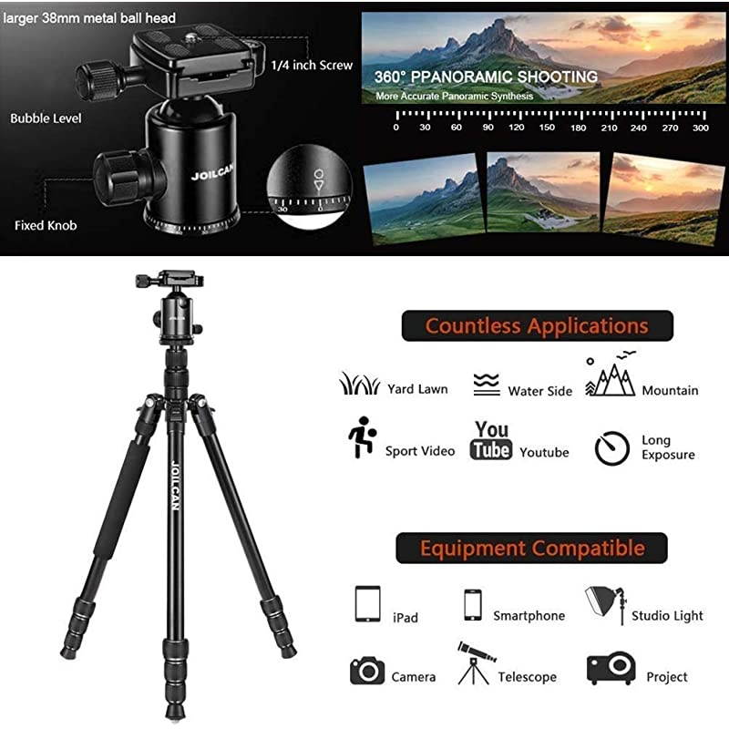 Joilcan 80-inch Tripod for Camera, Aluminum Tripod for DSLR,Monopod, Lightweight Tripod with 360 Degree Ball Head Stable for Travel and Work 18.5"-80",24lb Load (Black)
