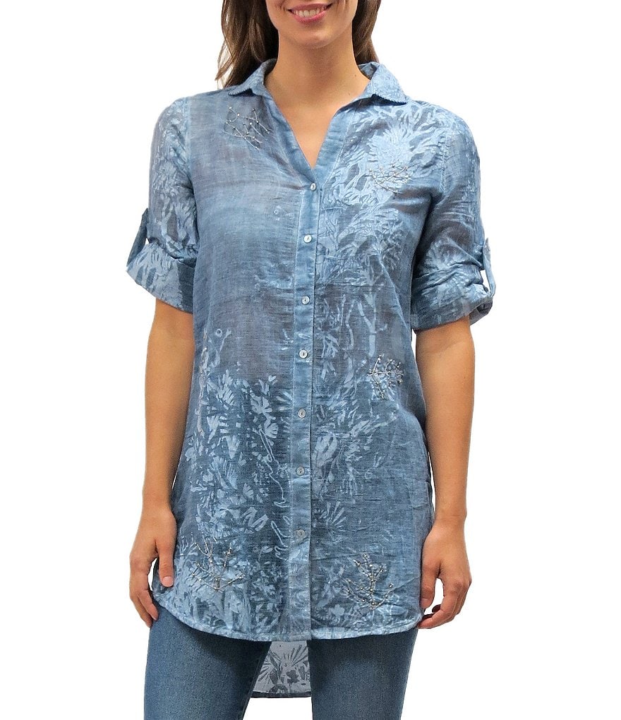 Karyn Seo Simone Embroidered 3/4 Sleeve Point Collar Button Front Tunic