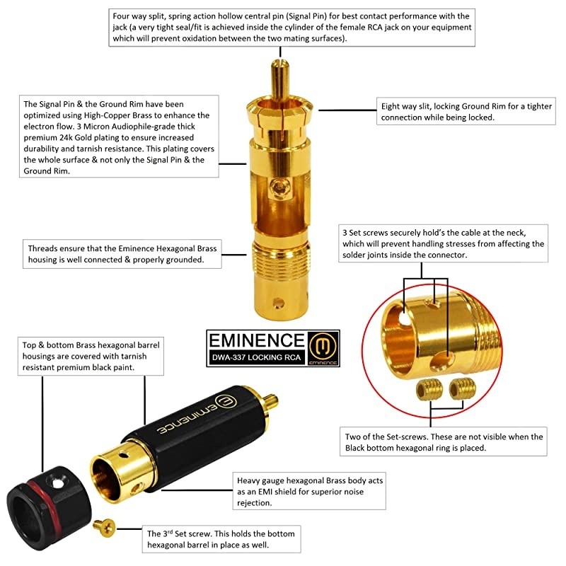 1 Foot RCA Cable Pair Canare L4E6S Star Quad Audio Interconnect Cable with Premium Gold Plated Locking RCA Connectors Directional Custom Made by