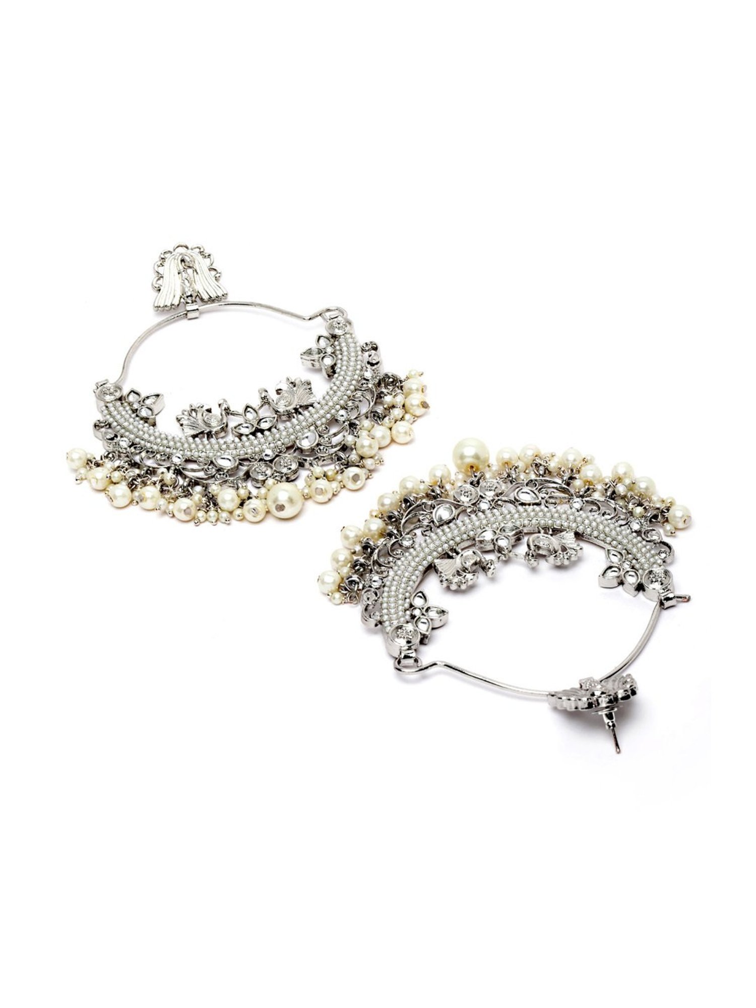 Karatcart Oxidized Silver Embellished Kundan and Pearl Large Chand Bali Earrings for Women