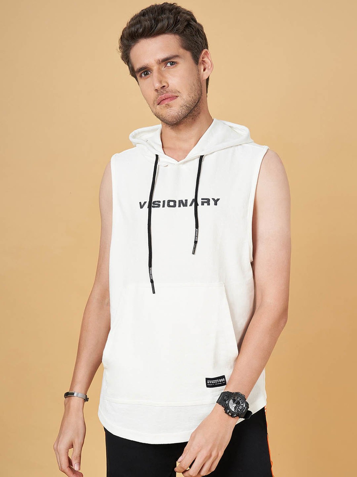 Street 808 by Pantaloons Off White Regular Fit Printed Hooded T-Shirt