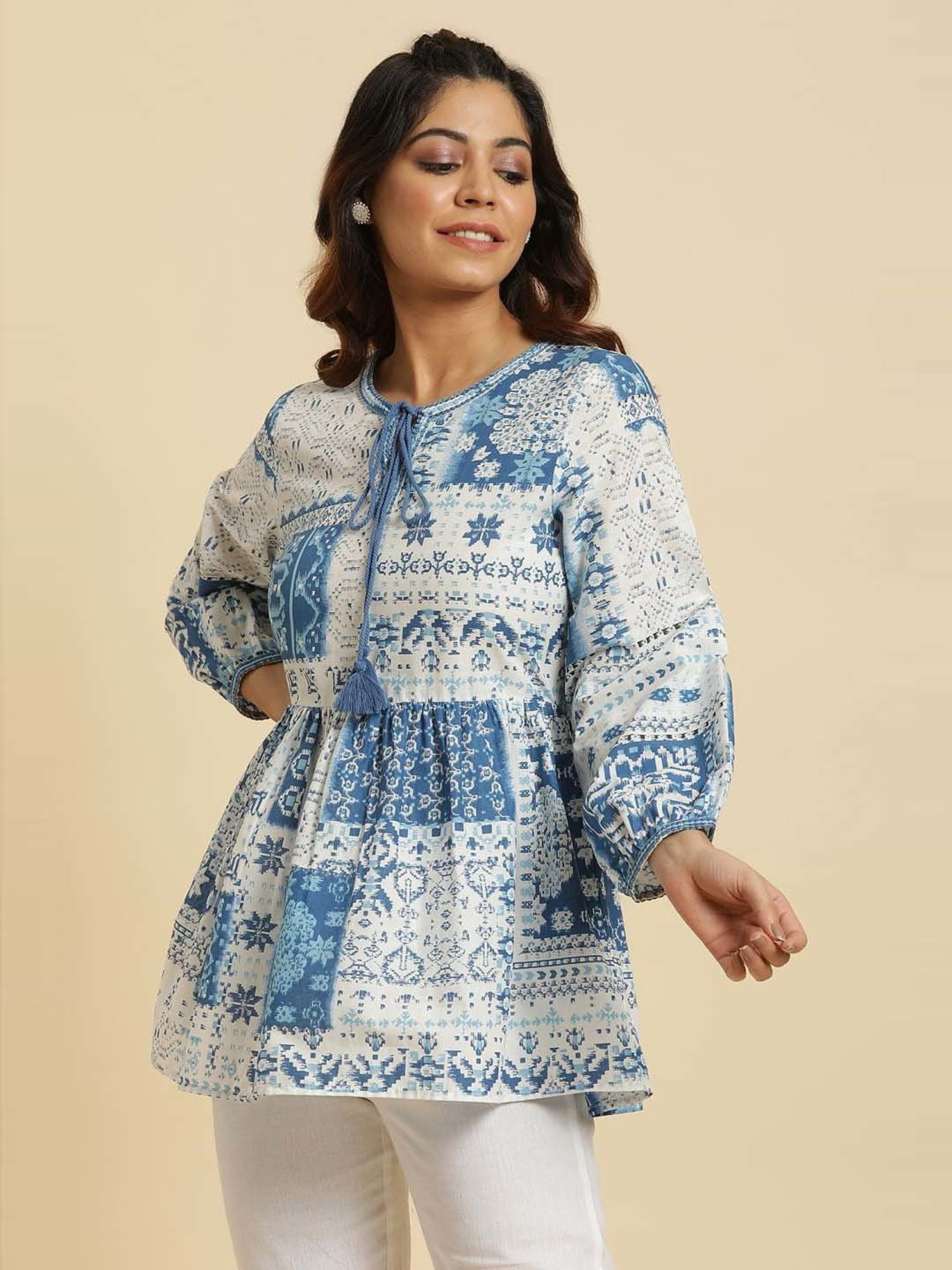 W White & Blue Cotton Printed Top