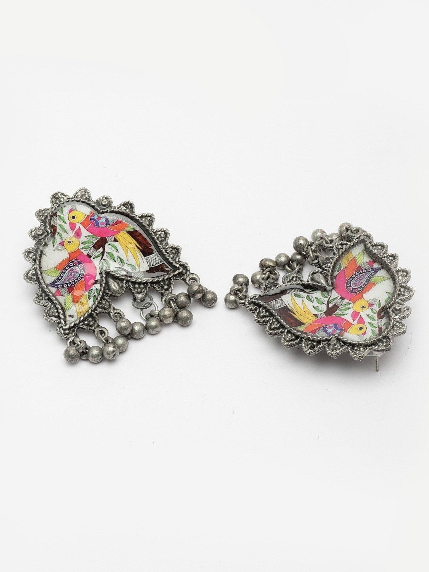 Moedbuille Handcrafted Ghungroo Oxidised Silver Plated Peacock Design Earrings