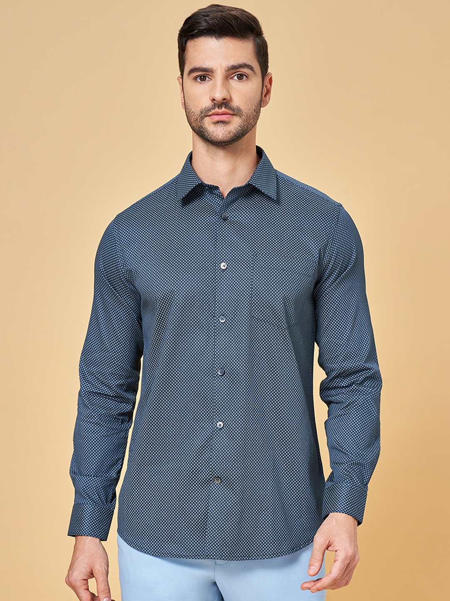 Peregrine by Pantaloons Brilliant Blue Cotton Slim Fit Printed Shirt