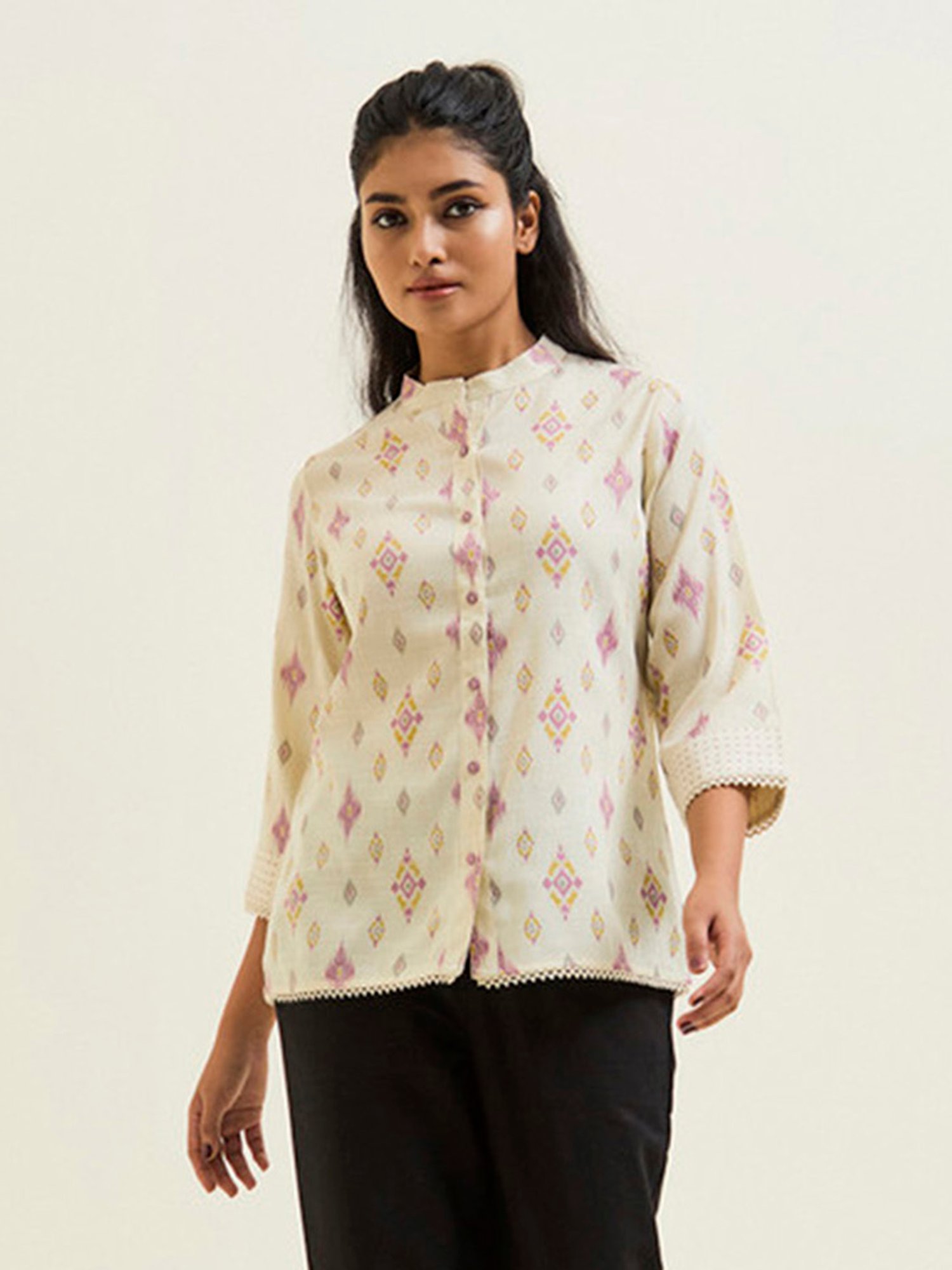 Jaipur Kurti Lavender & Off White Printed Top