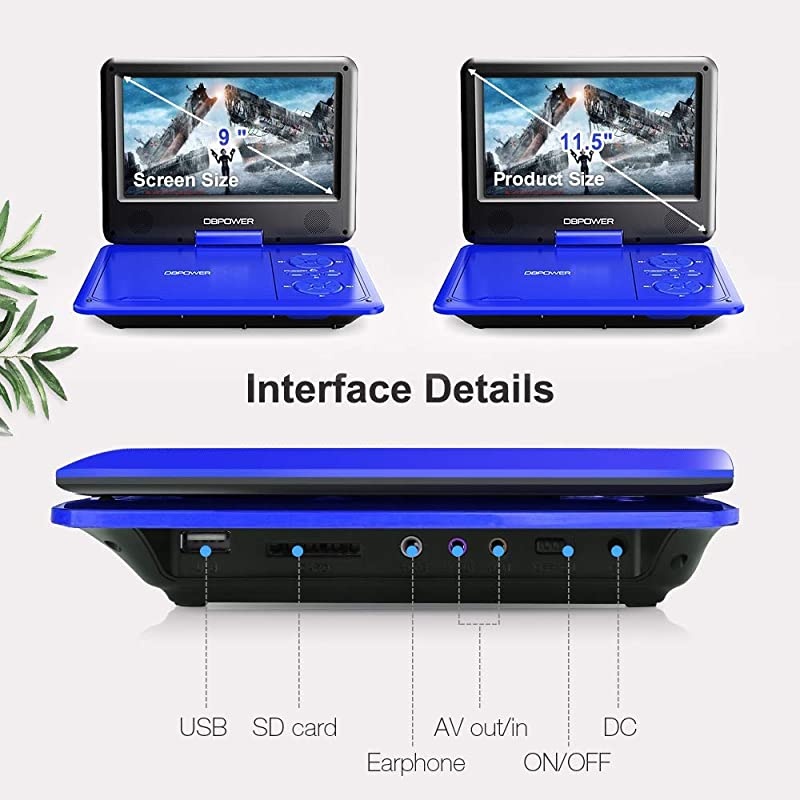 11.5" Portable DVD Player, 5-Hour Built-in Rechargeable Battery, with 9" Swivel Screen, Support CD/DVD/SD Card/USB, with Remote control, 1.8M Car Charger and Power Adaptor (Blue)
