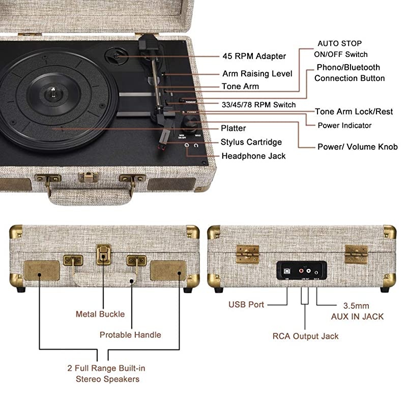 Vinyl Record Player  3 Speed Portable Suitcase Turntable Bluetooth Vintage Record Player with 2 Builtin Speakers Supports RCA OutputHeadphone JackPhone Music Playback Light Beige Linen