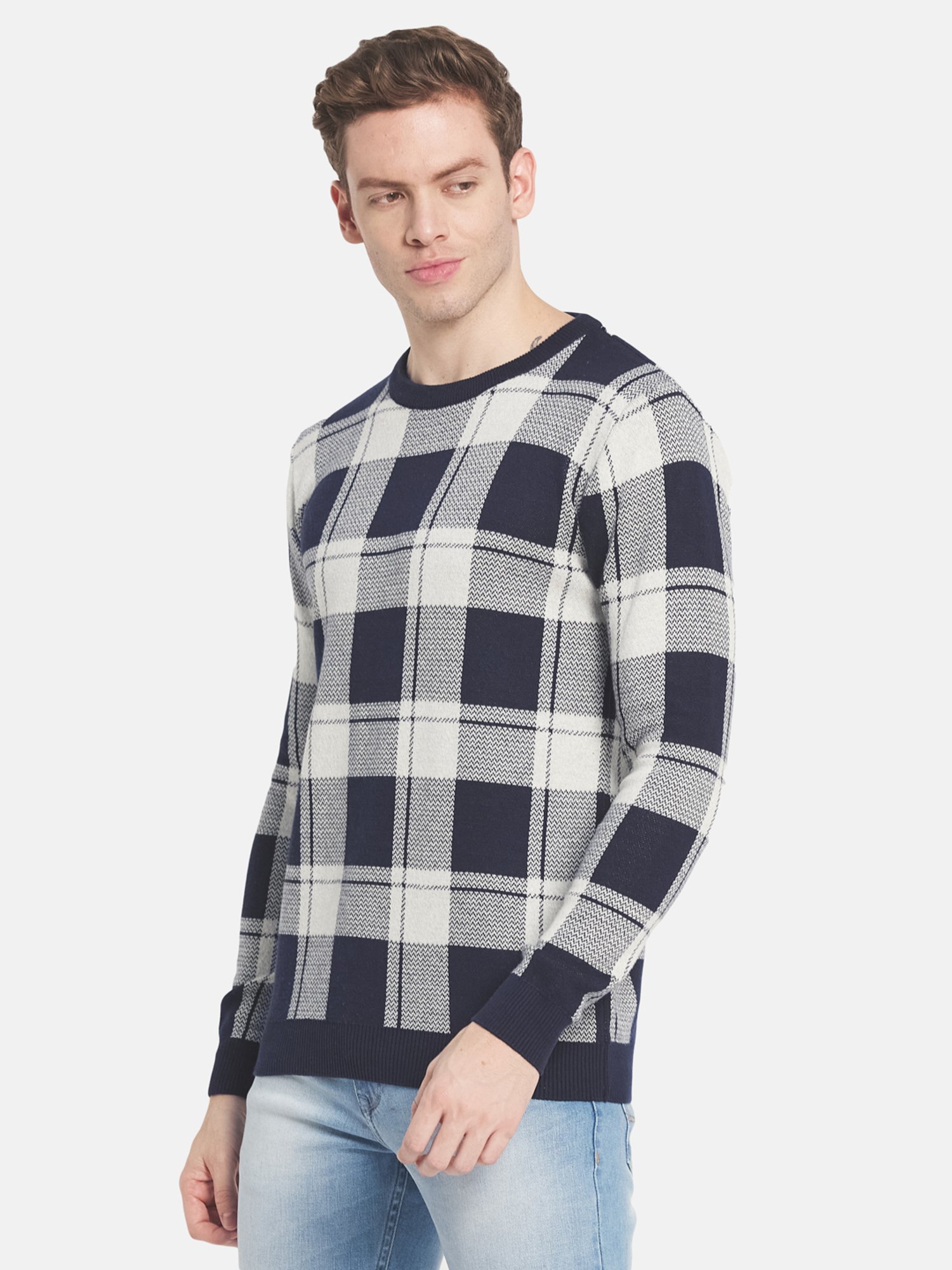 Mettle White & Navy Cotton Regular Fit Checks Sweater
