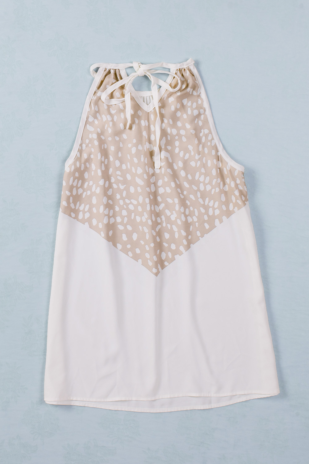 White Spotted Print Tie Neck Color Block Halter Sleeveless Shirt