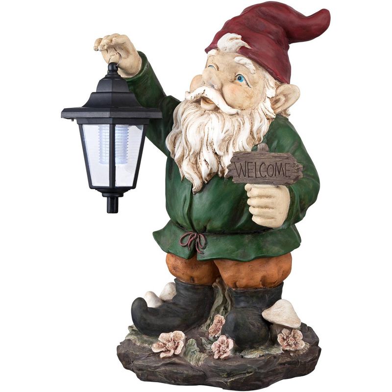 John Timberland Outdoor Statue with Light Solar LED 16" High Welcome Gnome with Lantern for Yard Garden Patio Deck Home Entryway