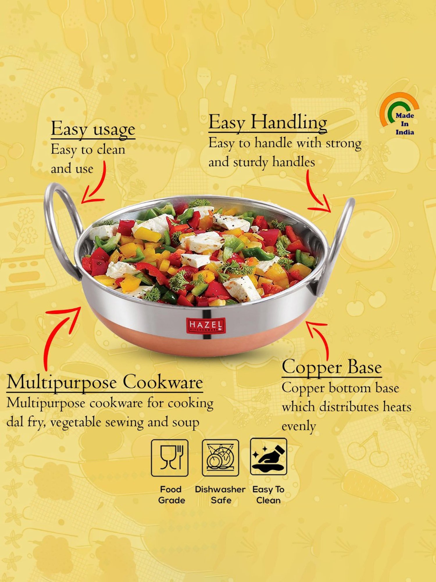 HAZEL Alfa Premium Heavy Gauge Stainless Steel Kadai with Copper Bottom (1 ltr), Silver & Copper