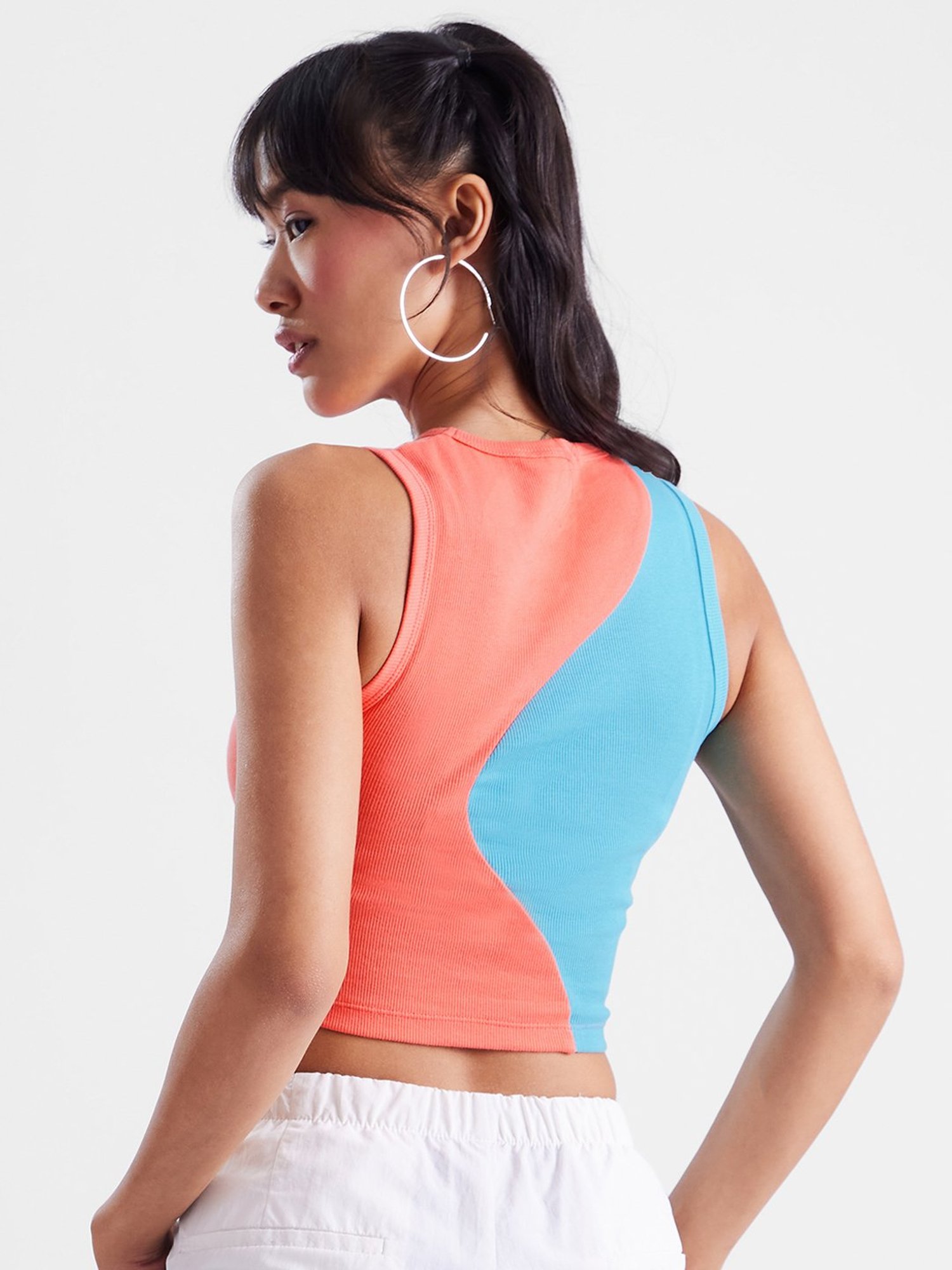 The Souled Store Blue & Peach Cotton Color-Block Tank Top