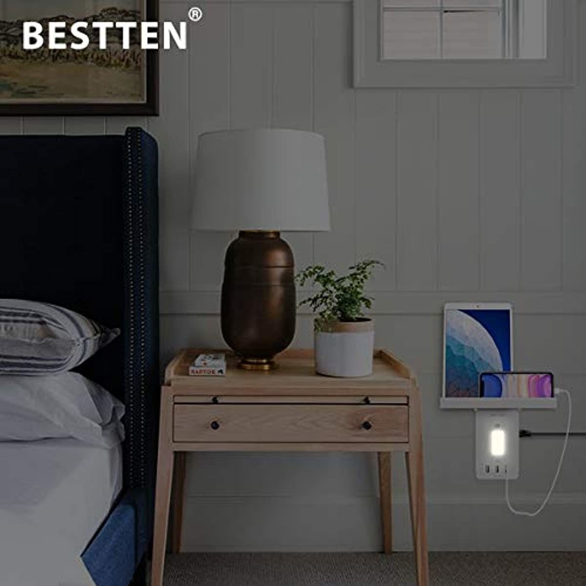 BESTTEN Surge Protector USB Wall Outlet with Shelf, 3 USB Charging Ports (5V/3.4A), 6 Side Outlet, LED Night Light, 1020 Joule Surge Rating and Removable Top Shelf, FCC and SGS Certified