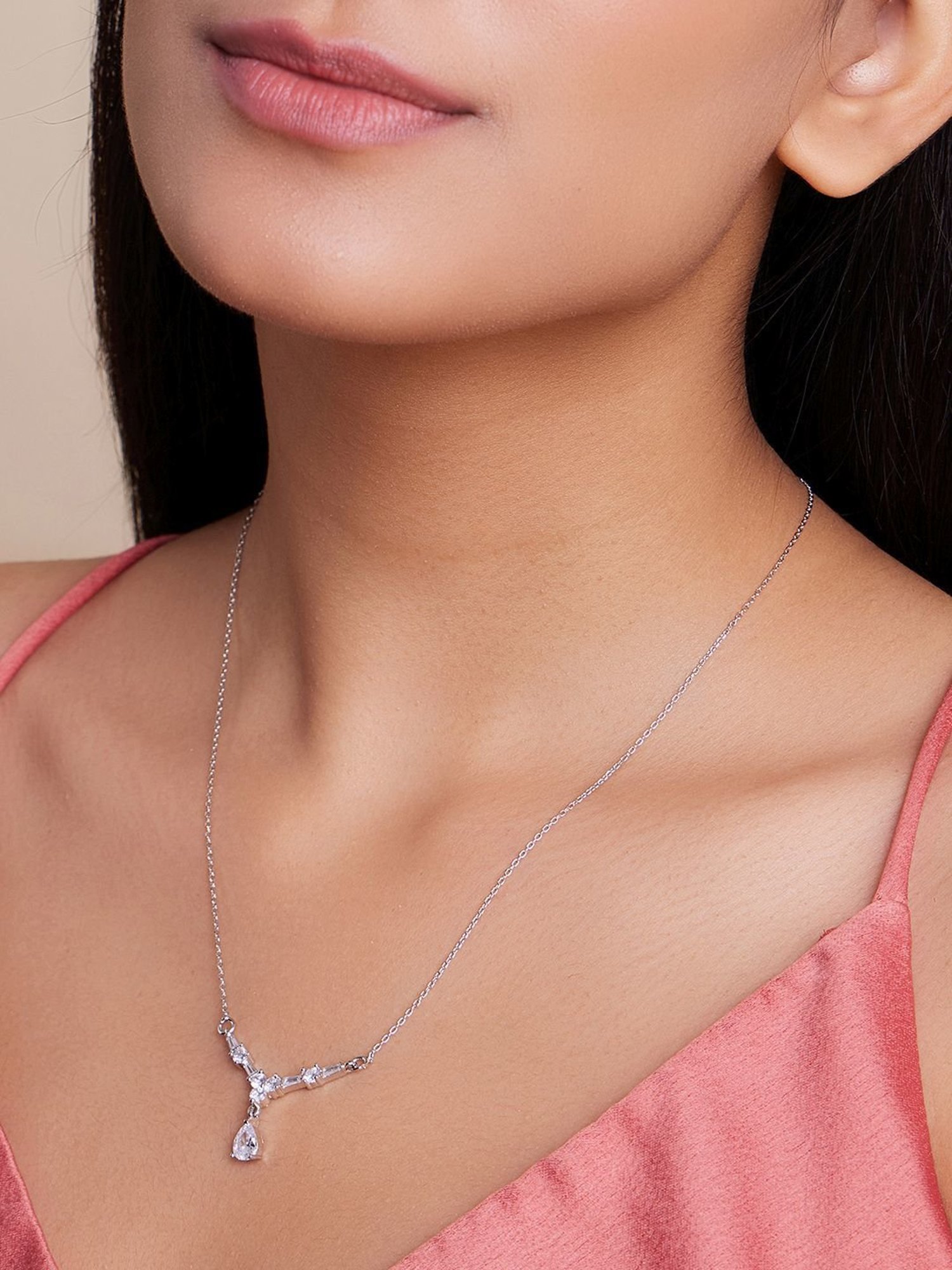 March by FableStreet 92.5 Sterling Silver Baguette Zircon Studded Necklace