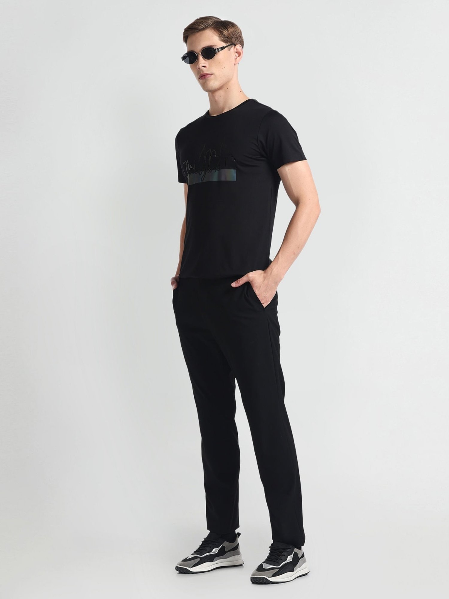 Arrow Newyork Black Cotton Regular Fit Printed T-Shirt