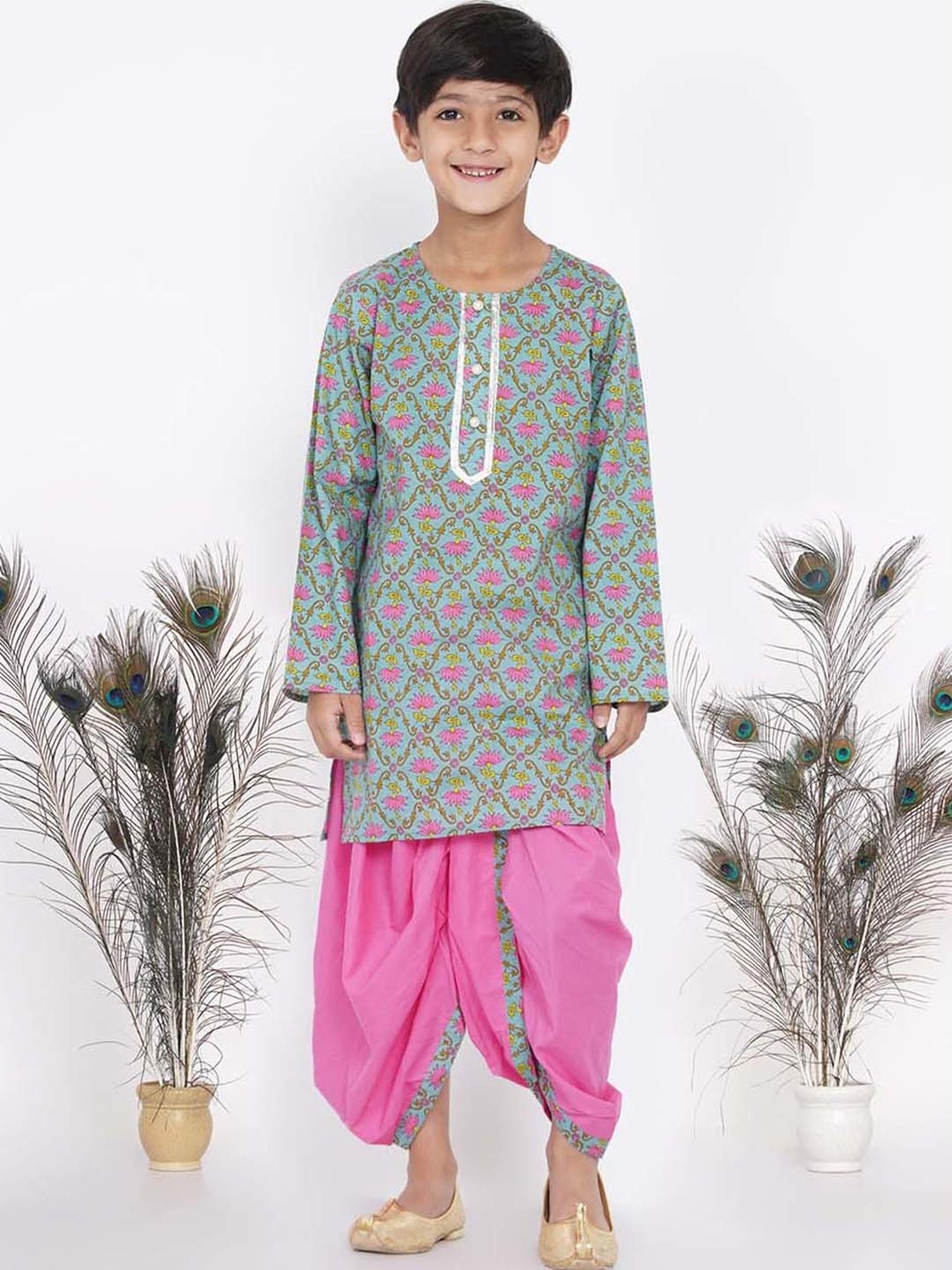 Little Bansi Kids Green & Pink Cotton Floral Print Kurta Set