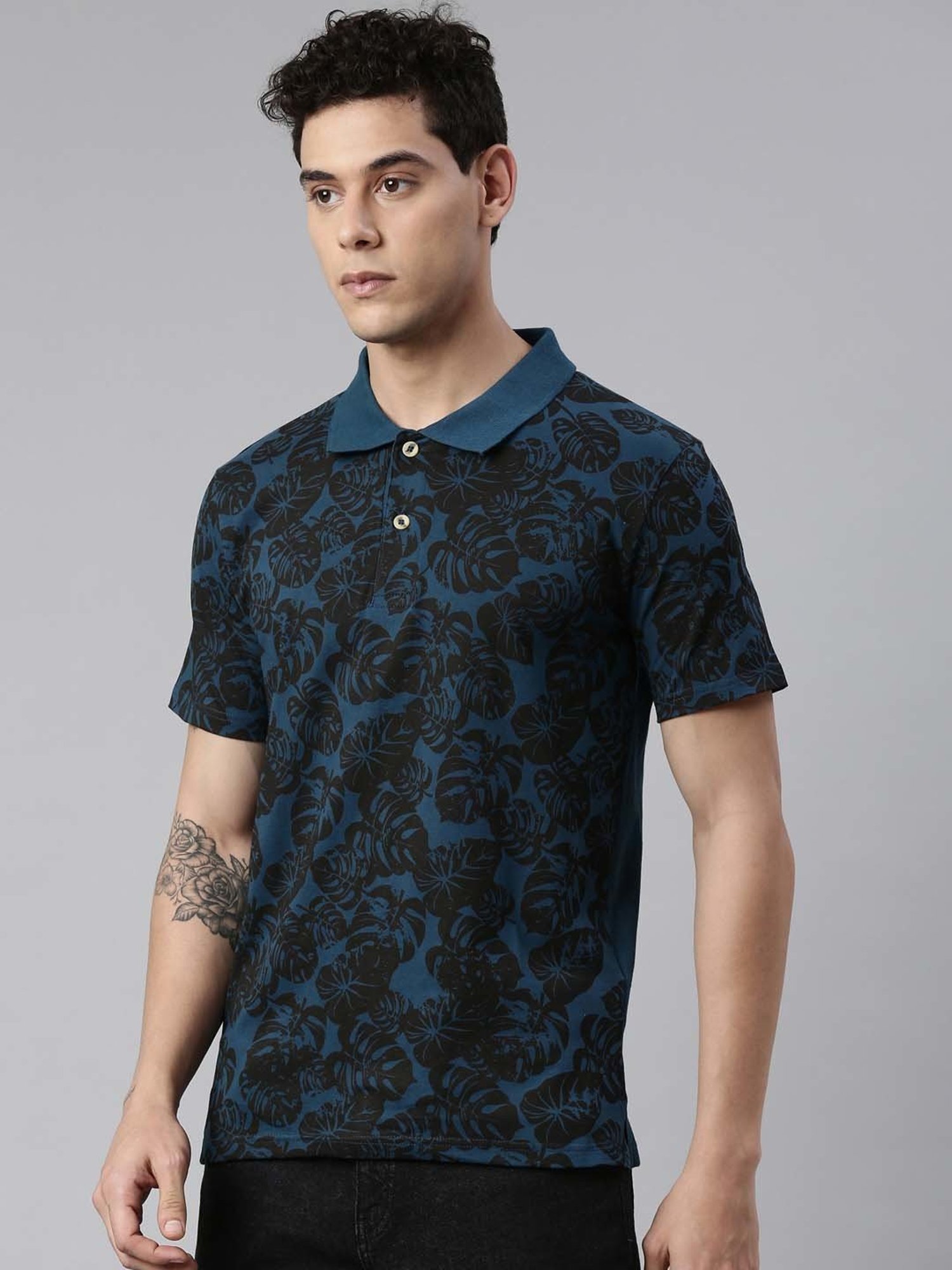 Kryptic Teal & Black Regular Fit Printed Cotton Polo T-Shirt