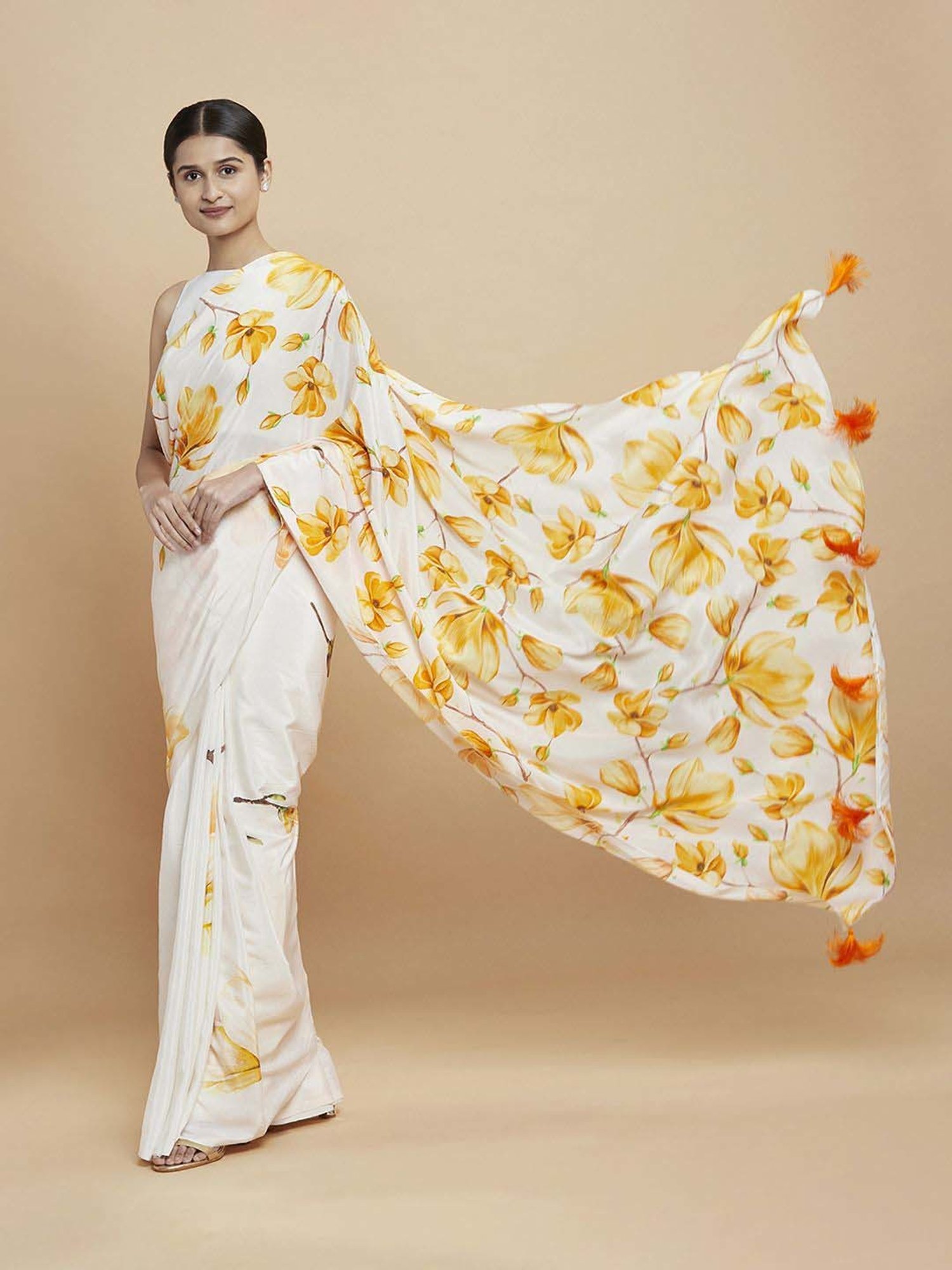 navyasa by liva White & Yellow Floral Print Saree With Unstitched Blouse