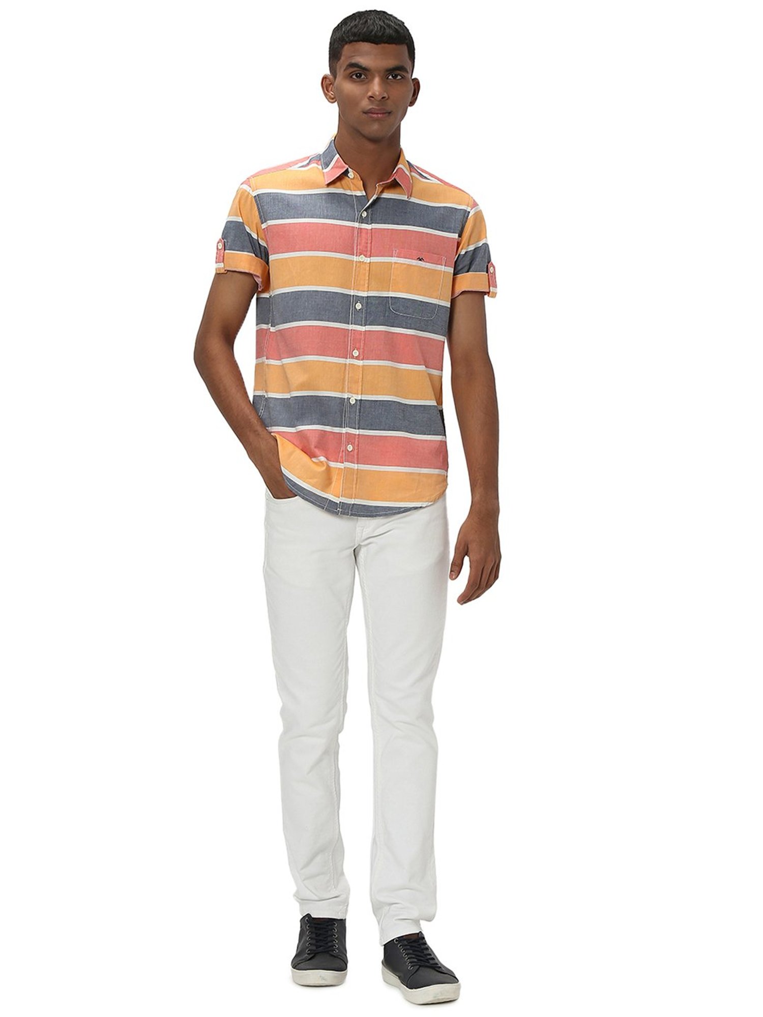 Mufti Multicolor Slim Fit Striped Cotton Shirt