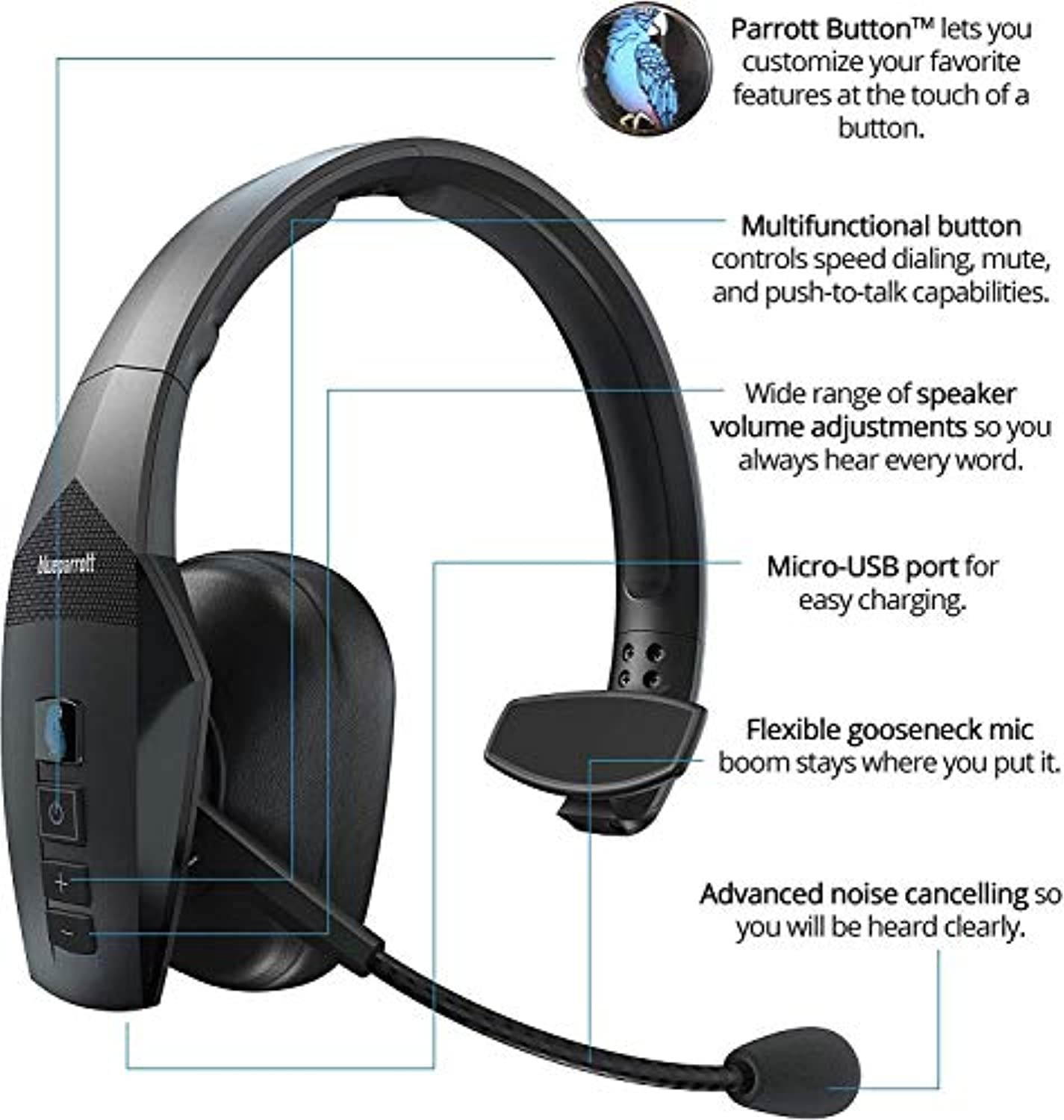 BlueParrott B550-XT Noise Canceling Bluetooth Headset with 300-FT Wireless Range for iOS and Android Bundle with Blucoil Headphones Carrying Case, Replacement Mic Windscreens and Ear Pads (A1795)