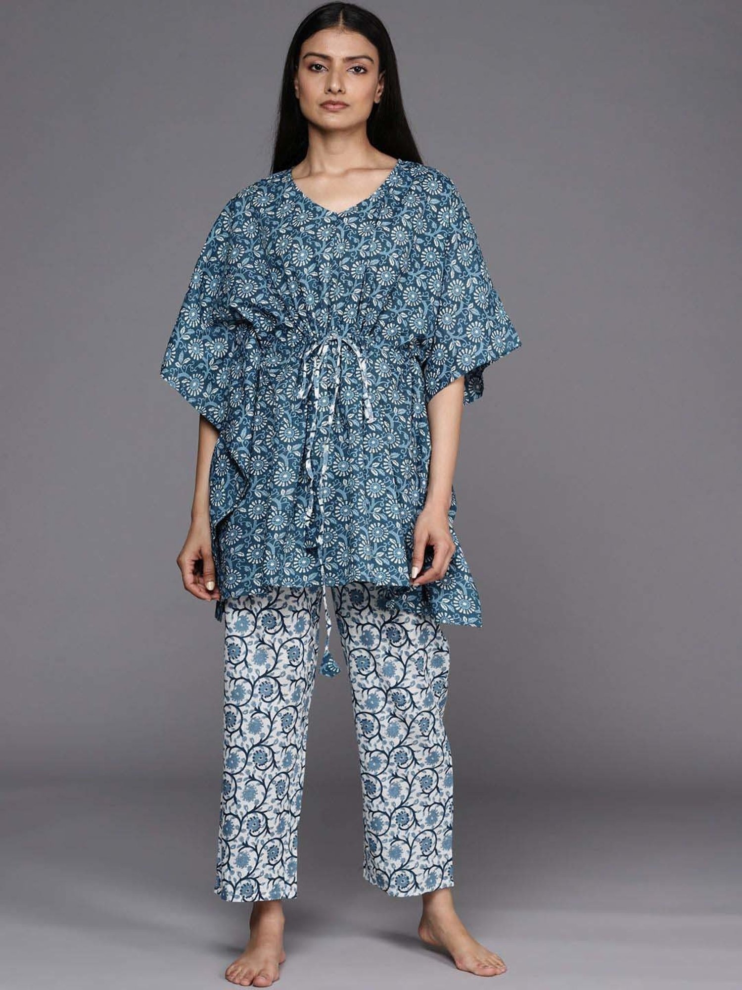 Libas Blue Cotton Printed Short Kaftan Pant Set