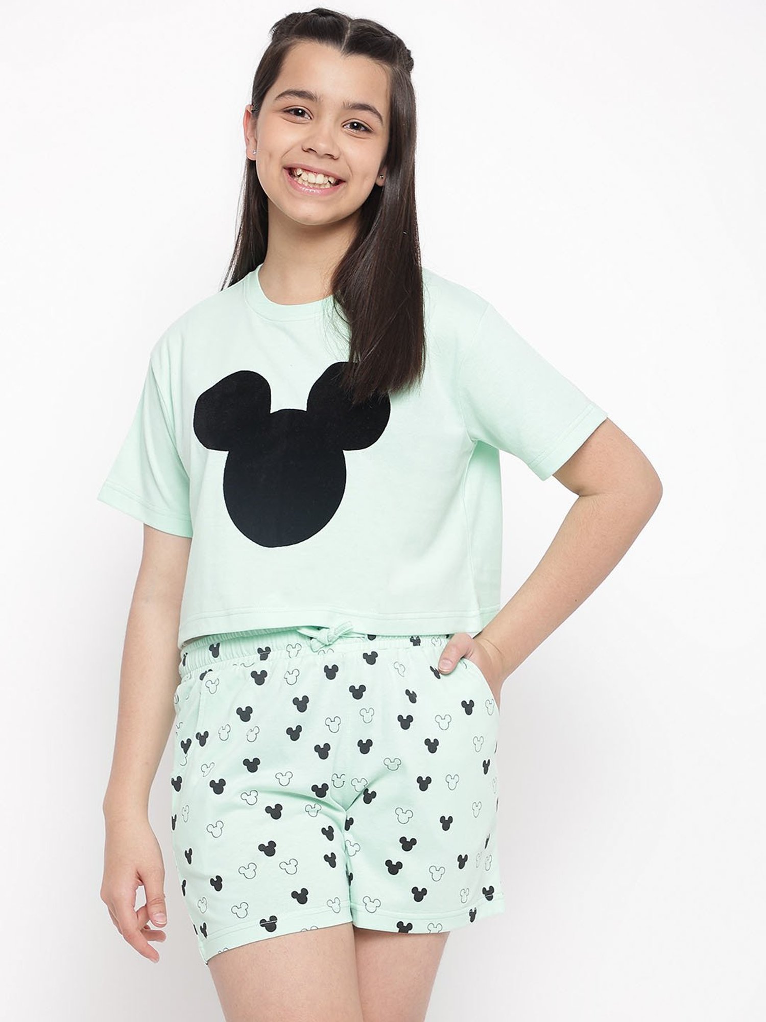 Lil Tomatoes Girls Green Printed T-Shirt with Shorts