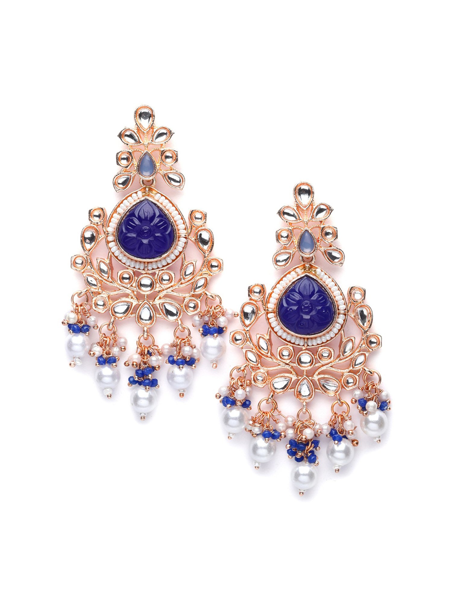 Karatcart Rose Gold Plated Blue Carved Stone Kundan Drop Earrings for Women