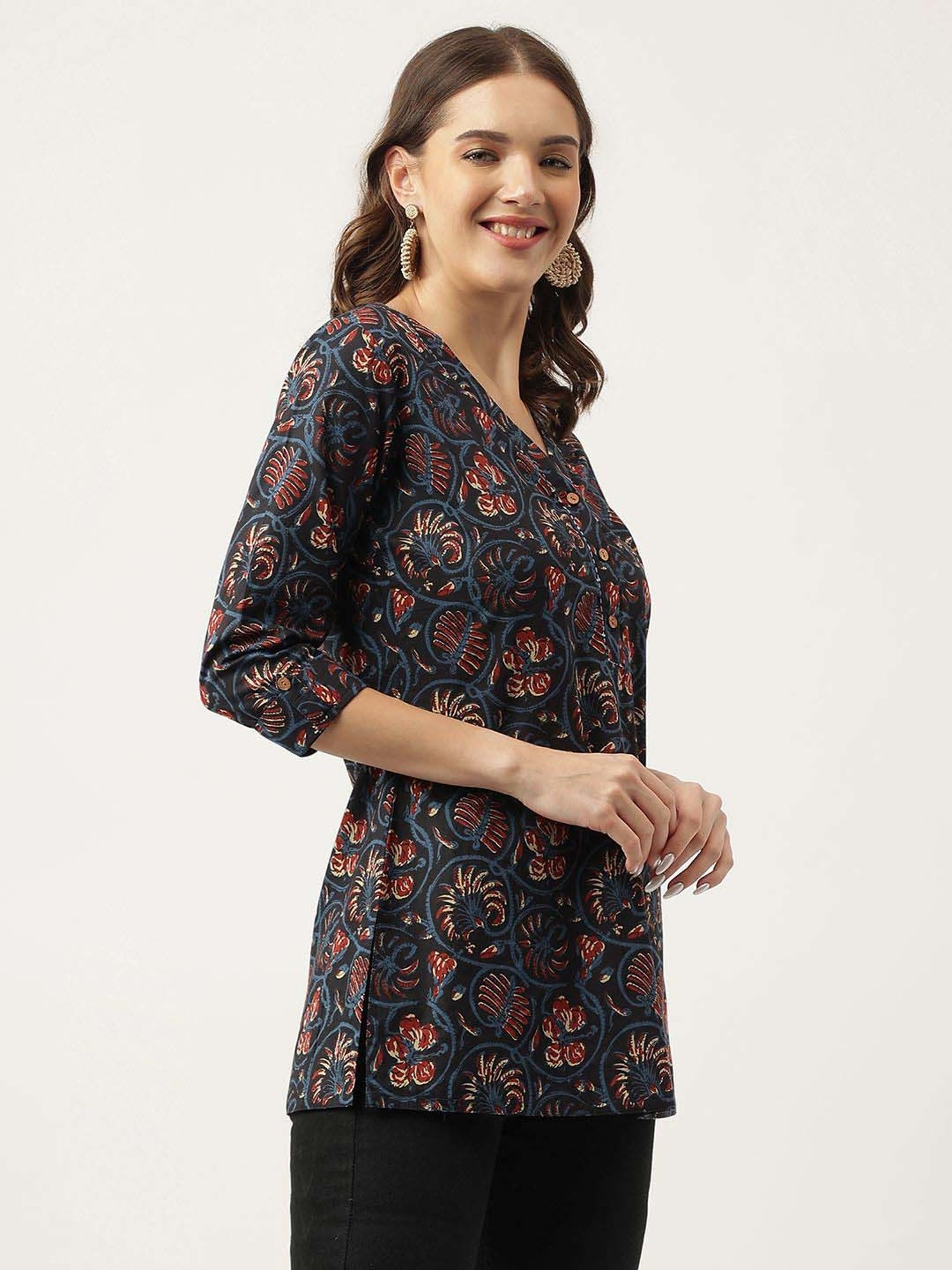 Divena Navy Cotton Floral Print Top