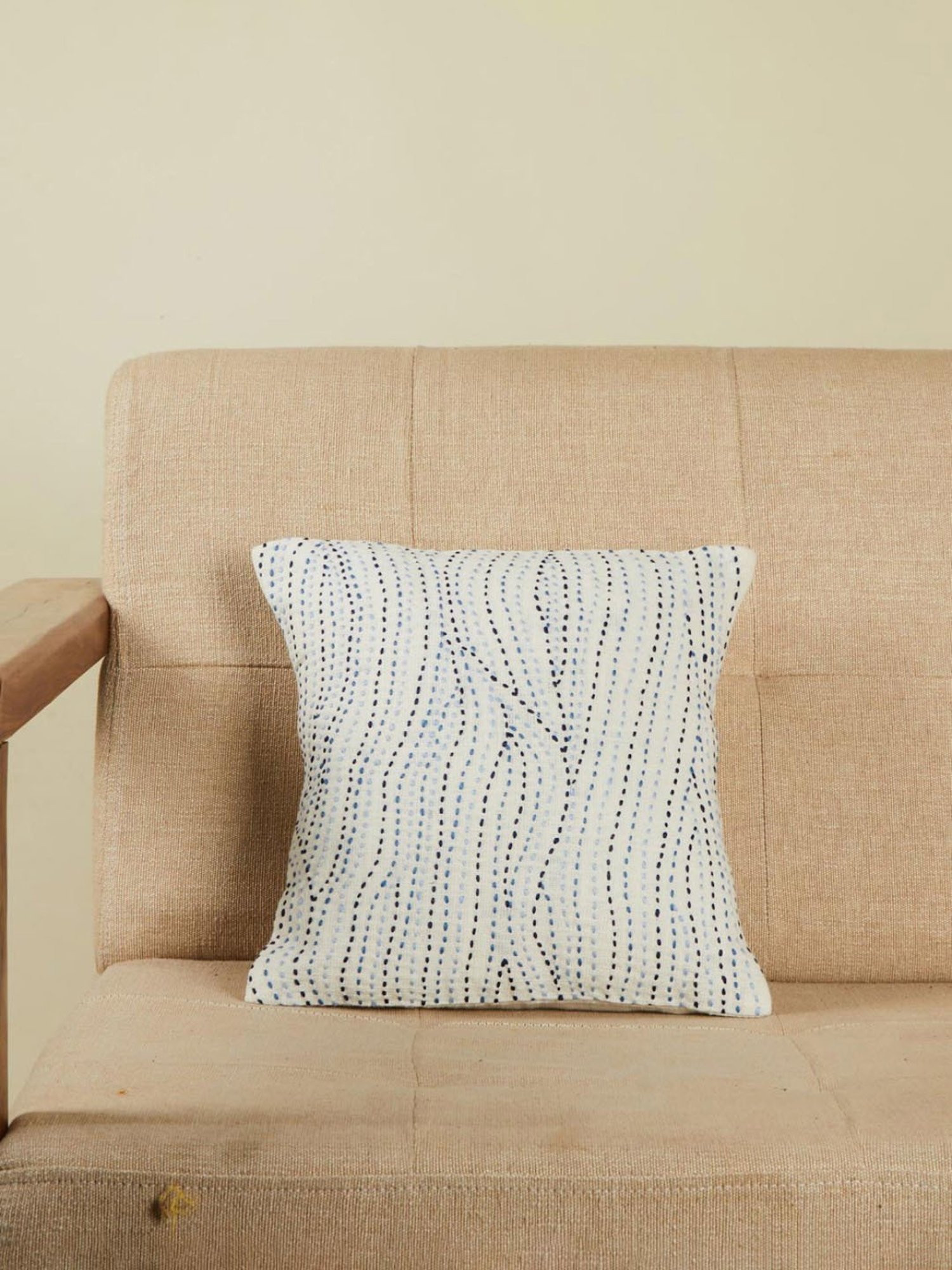 Fabindia White & Blue Cotton 60 TC 360 GSM Padam Cushion Cover