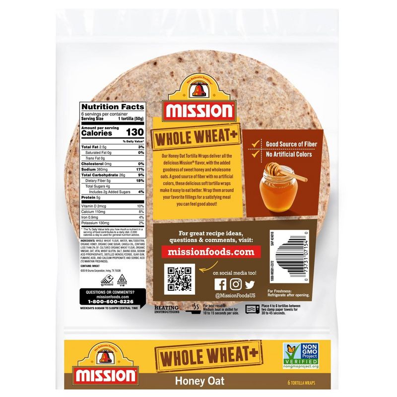 Mission 8" Whole Wheat Honey Oat Tortillas - 10.5oz/6ct