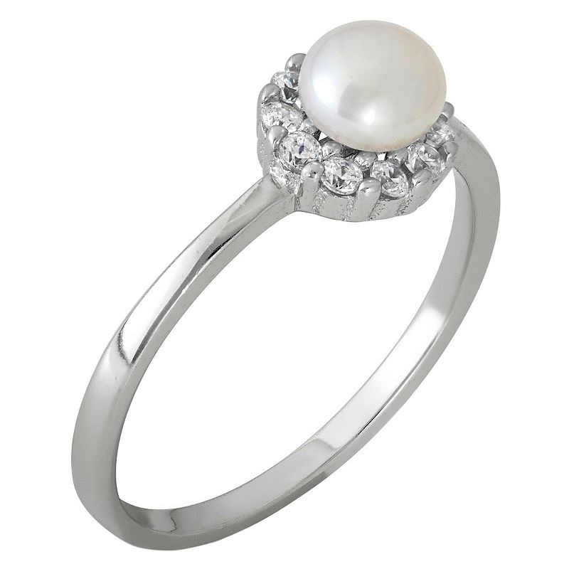 Tiara Kid's Round Cubic Zirconia and Freshwater Pearl Flower Ring in Sterling Silver (4-5mm)