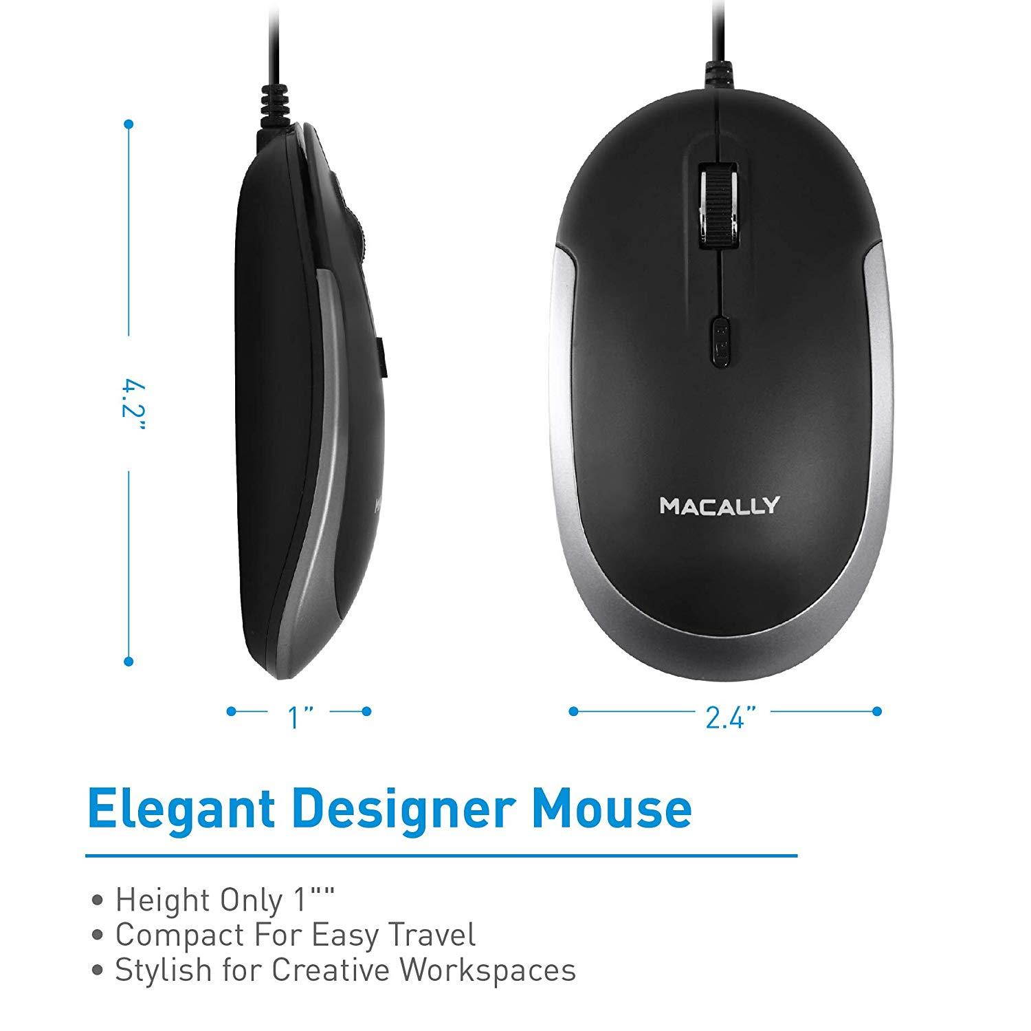 Macally Silent USB Type C Mouse Wired for Apple Mac & Windows PC Laptop/Desktop Computer | Slim & Compact Mice Design & Optical Sensor & DPI Switch 800/1200/1600/2400 | Small for Easy Travel (Black)
