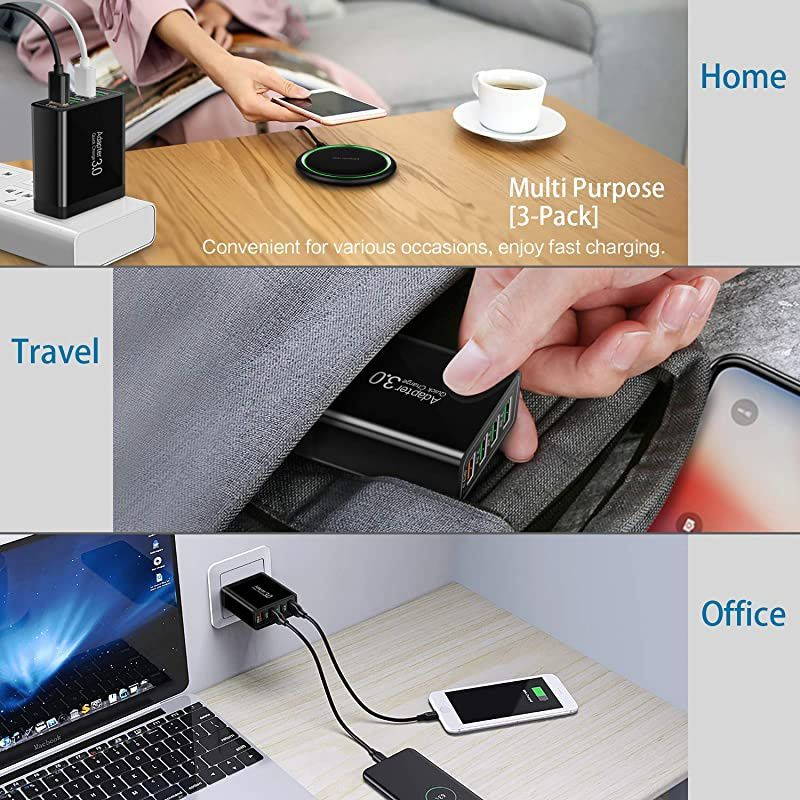 QC 30 Wall Charger 3Pack  4 Ports USB Wall Charger Adapter Fast USB Charging Block Compatible Wireless Charger Samsung Galaxy S9S8 Note 89 iPhoneiPad Tablet and MoreBlack