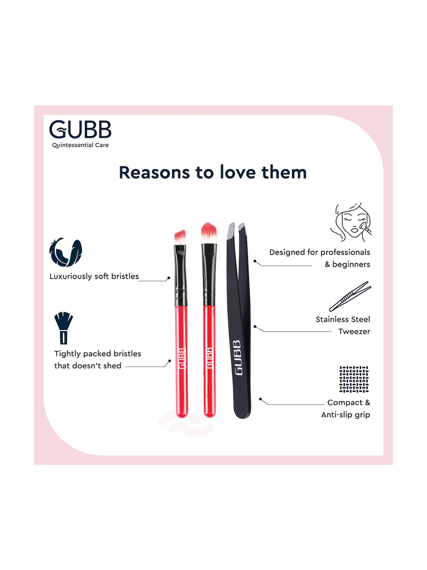 GUBB Dreamy Eye Kit - 2 Eyeshadow Brushes & Stainless Steel Slant Tip Tweezer