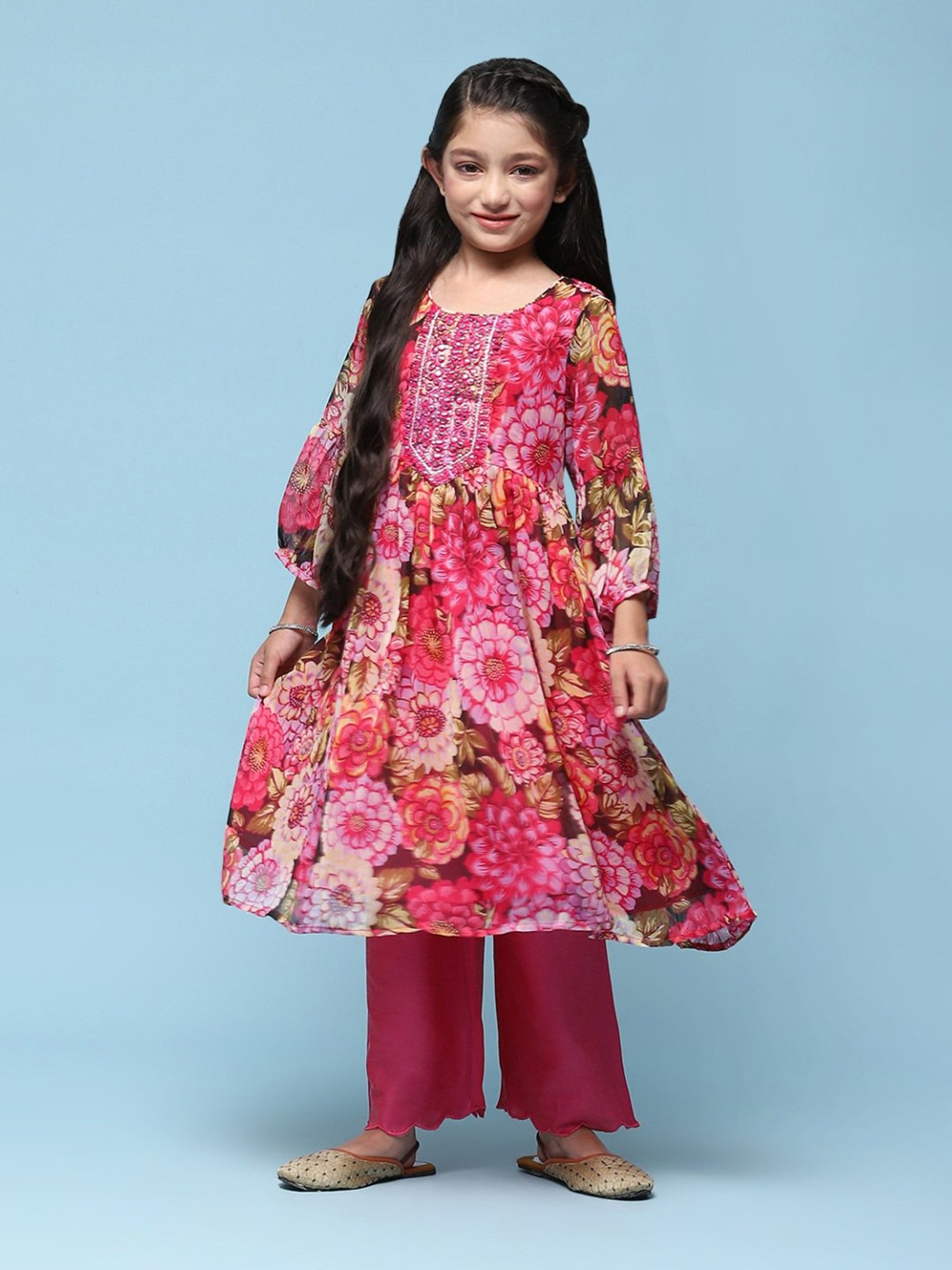 BIBA Girls Kids Pink Floral Print Kurta Set