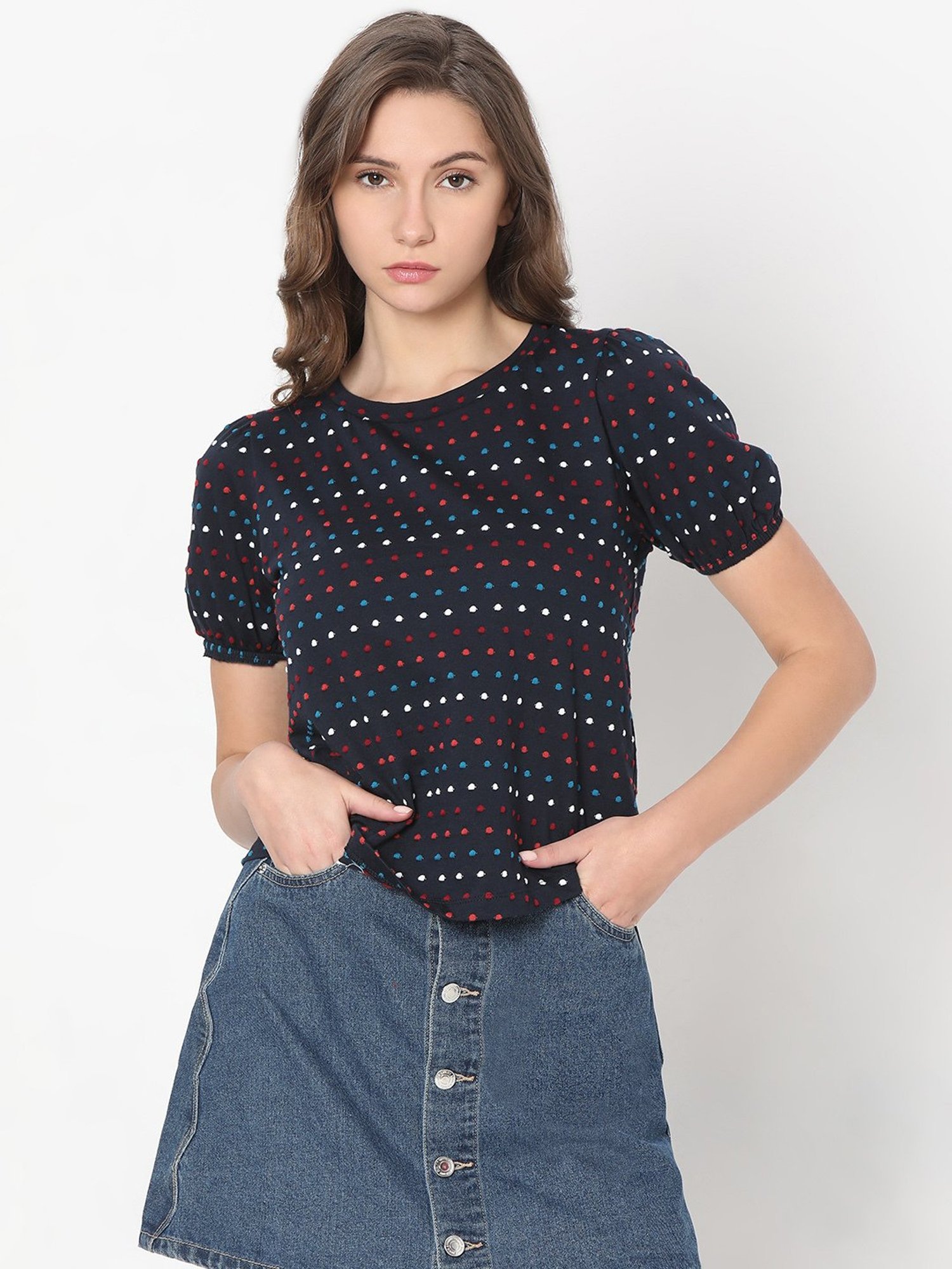 Vero Moda Navy Cotton Printed T-Shirt