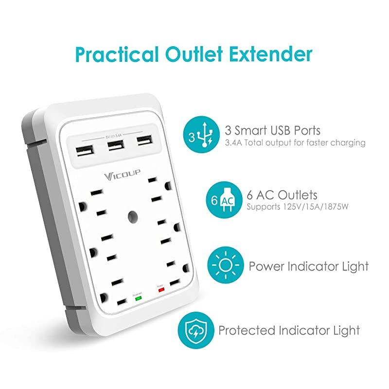 Socket Outlet Shelf  9 Port Multi Plug Wall Outlet Surge Protector 1080J with 3 USB Ports 34A Total and Super Convenient Shelf for Cell Phone Placement VI168
