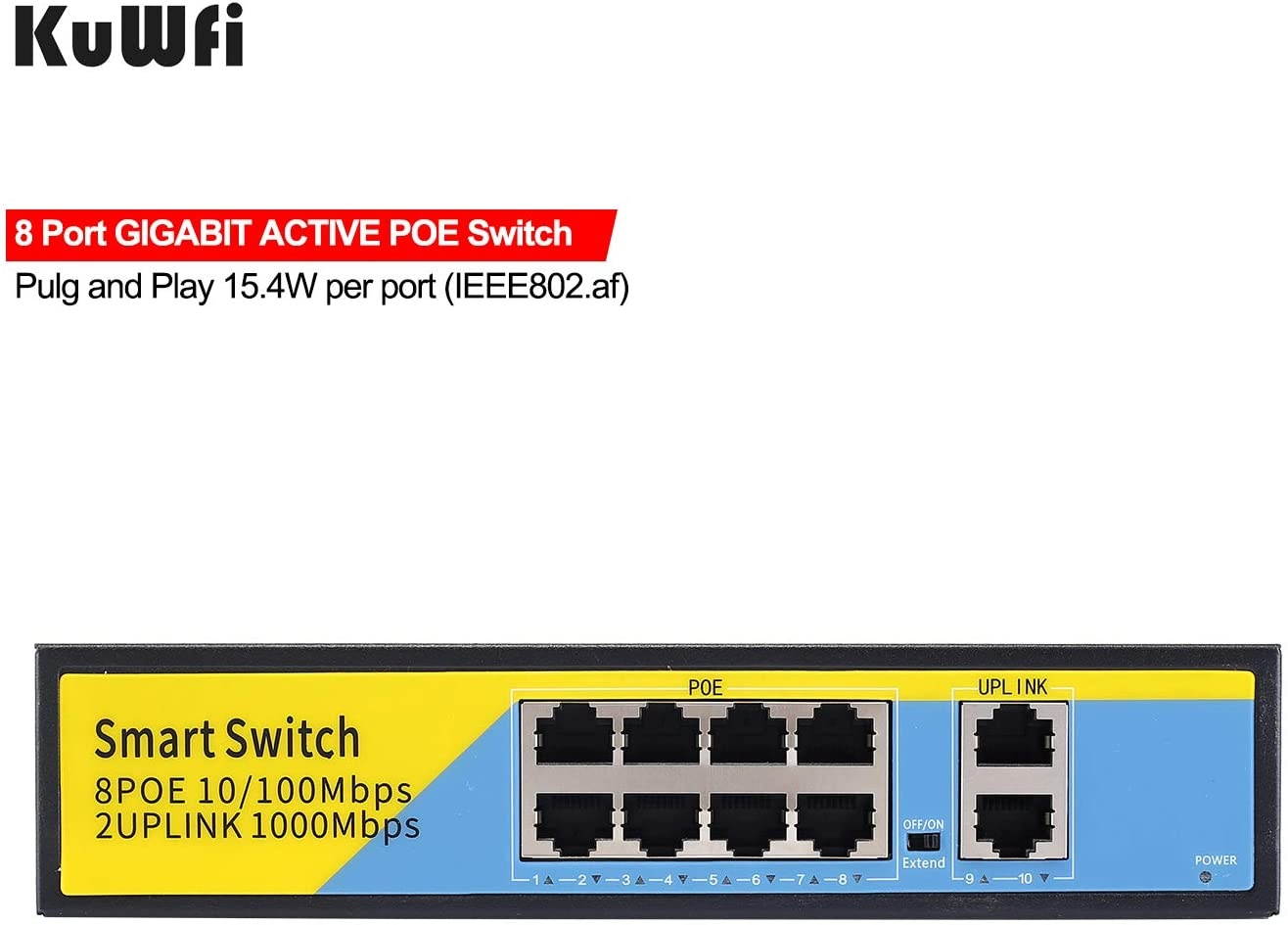 KuWFi 10-Port PoE Switch Gigabit Ethernet 2 Port Uplink 802.3AT/AF 120W Cat5 Unmanaged Metal Smart Desktop Network Power Over Ethernet Injector