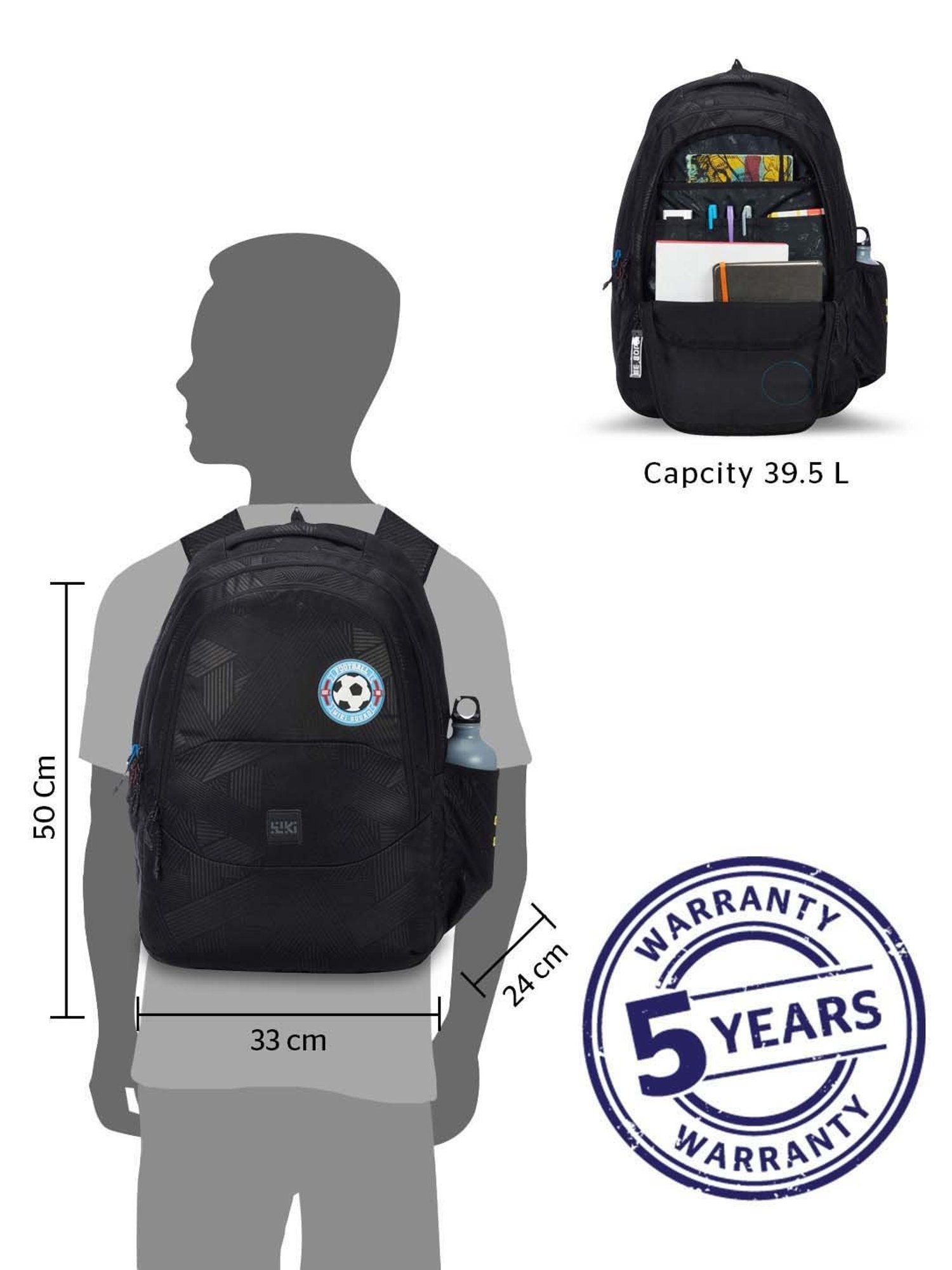 Wiki 39.5 Ltrs Black Medium Backpack