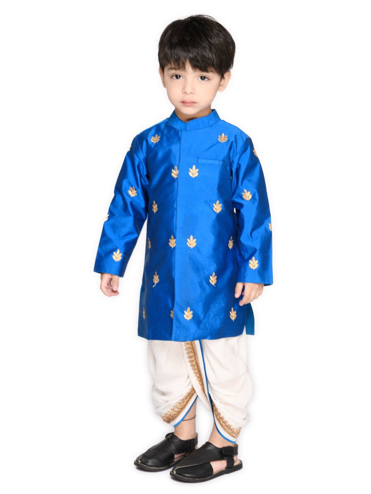 Saka Designs Kids Dark Blue & White Embroidered Full Sleeves Kurta with Dhoti