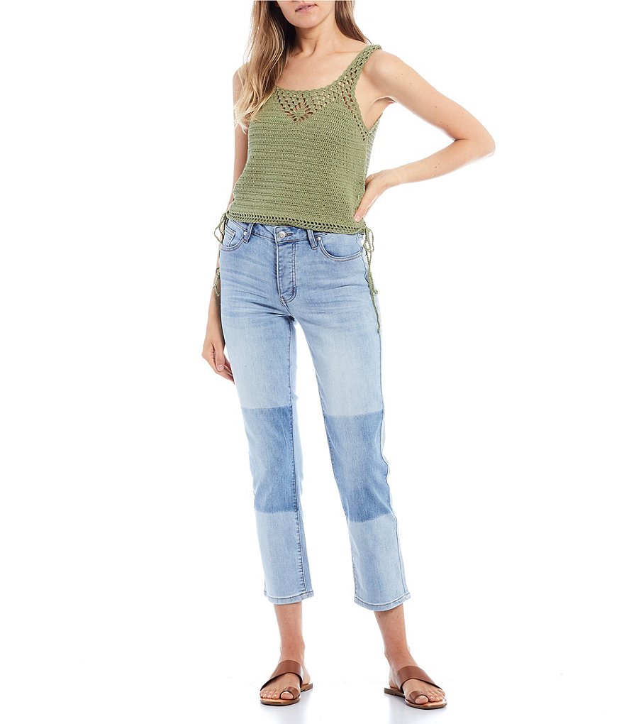 Say What Sleeveless Ruched-Side Crochet Knit Tank Top